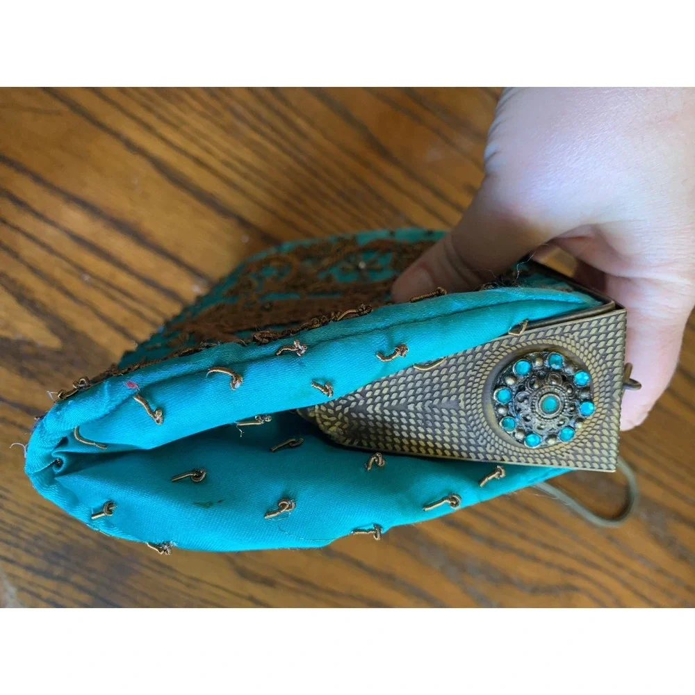 Vintage Blue Beaded Evening Bag Handbag Turquoise Goldwork Embroidery Fair
